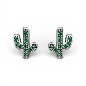 Sterling Silver Green Rhinestone Cactus Stud Earrings